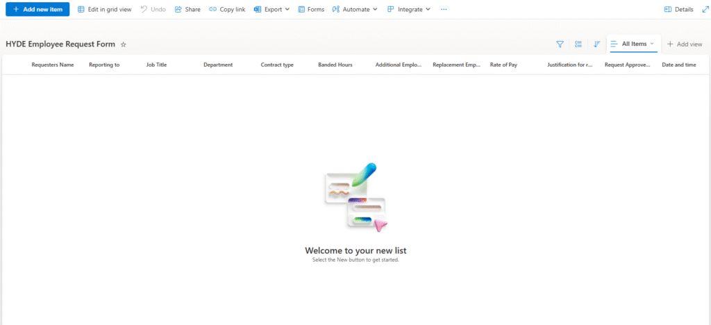 Example of the list I created for the Power Automate flow
